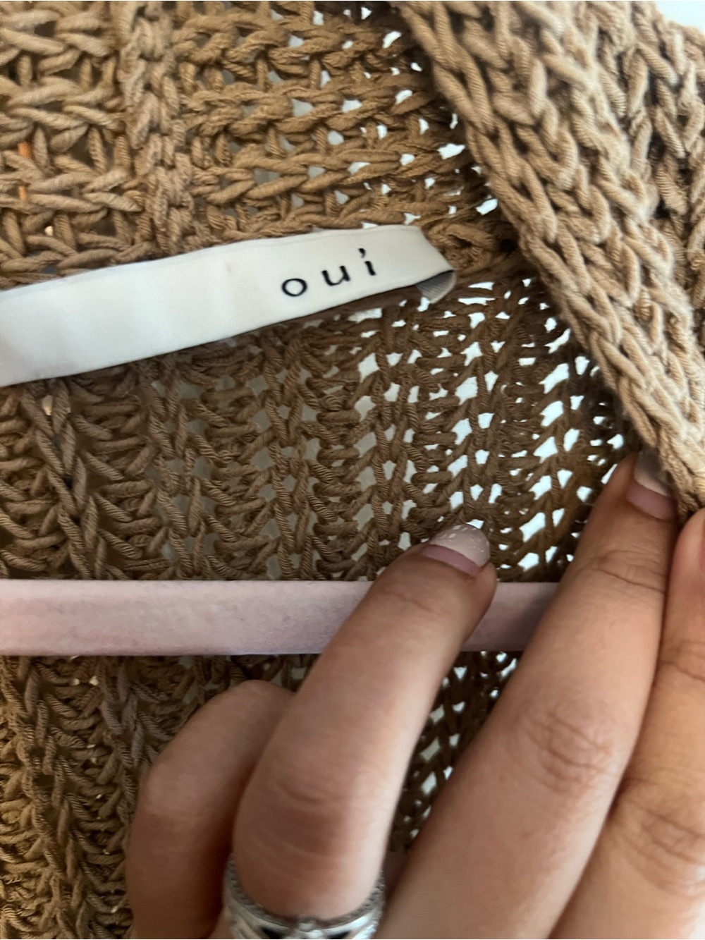 oui Open-Knit Lightweight Cardigan in Tan